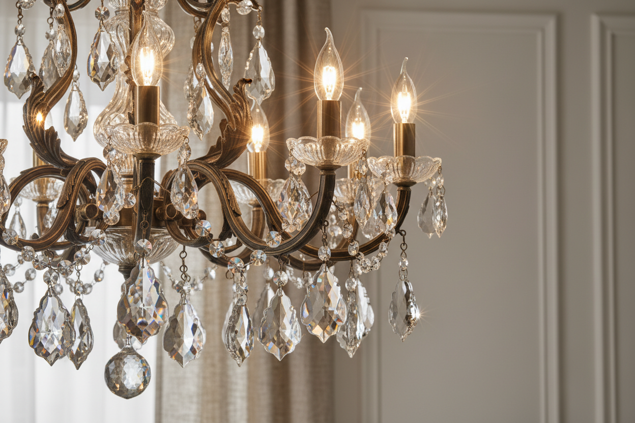 Elegant chandelier close-up, warm glow, neutral interior background, high detail, realistic, no text, no people
