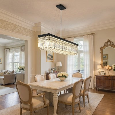 Stačiakampis dešimties lempų kristalinis šviestuvas salai