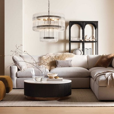 Devynių lempų stiklo pakopų sietynas su juodu rėmu