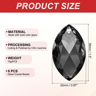 Krištolo ovalūs karoliukai sietynui, 3,8 cm, 6 vnt.