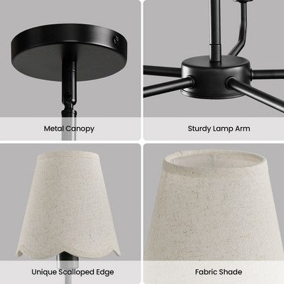 Penkių lempų sietynas su banguotais medžiaginiais gaubtais valgymui