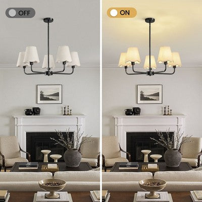 Penkių lempų sietynas su banguotais medžiaginiais gaubtais valgymui