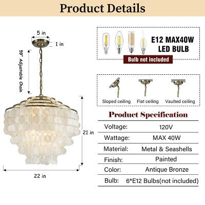 Keturių pakopų kriauklių sietynas, apie 56 cm