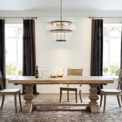 Devynių lempų stiklo pakopų sietynas su juodu rėmu