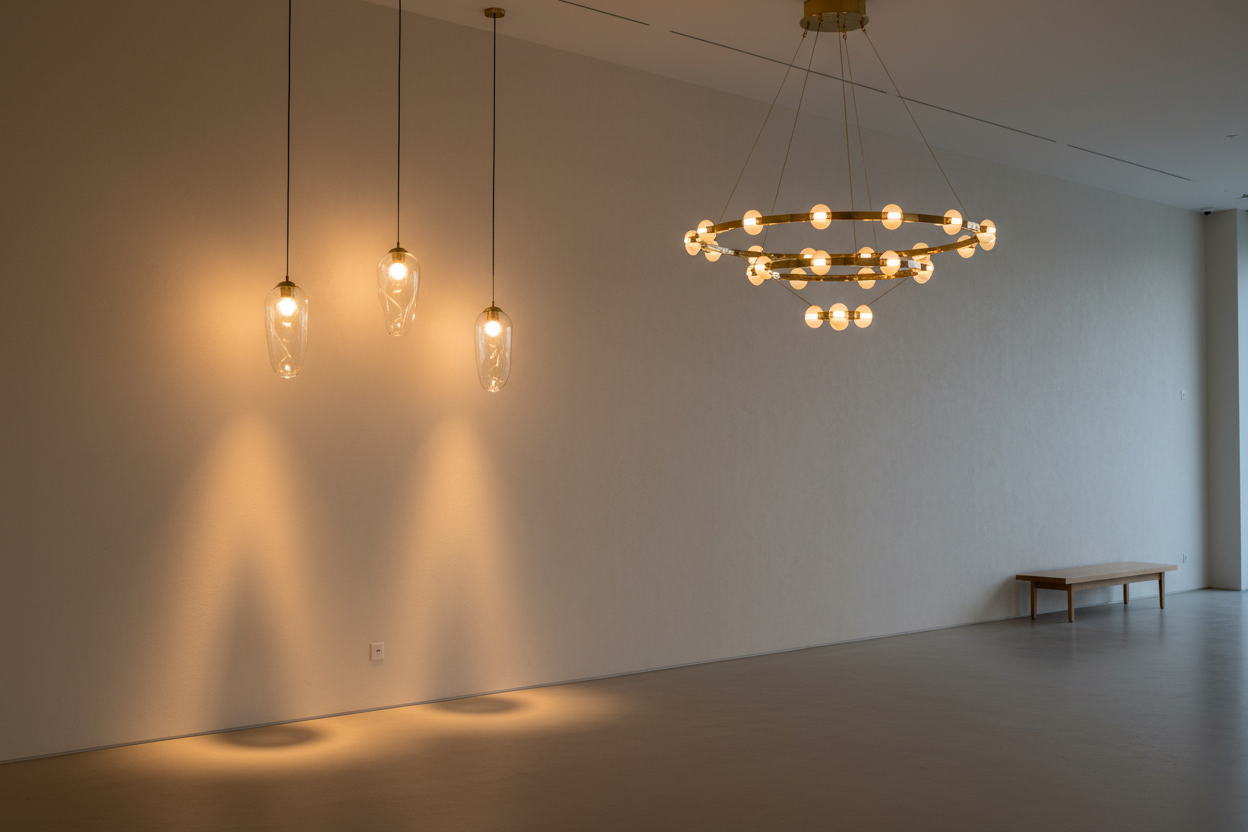Minimal showroom wall with hanging pendant lights and chandelier, soft warm light, realistic, no text, no people, 21:9 landscape

