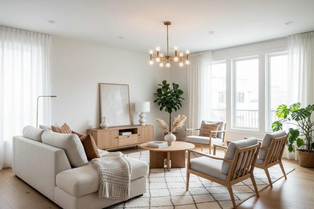 Modern cozy living room interior, elegant chandelier as focal point, warm ambient lighting, minimal Scandinavian decor, high realism, no text, no people
