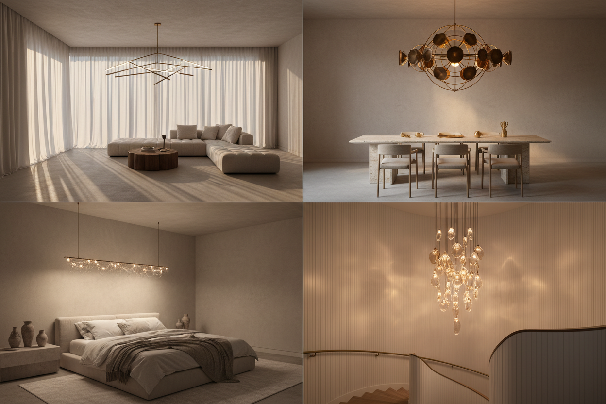 Soft minimal interior lighting mood board, warm highlights, chandelier silhouette, modern decor, editorial style, no text, no people
